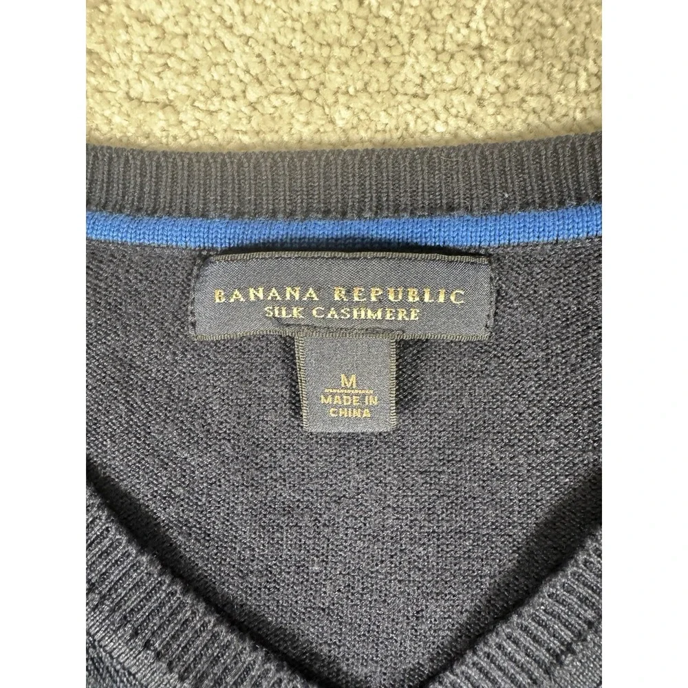 Banana Republic Pullover Sweater Mens‎ M Navy Luxury Silk Cashmere Blend V Neck